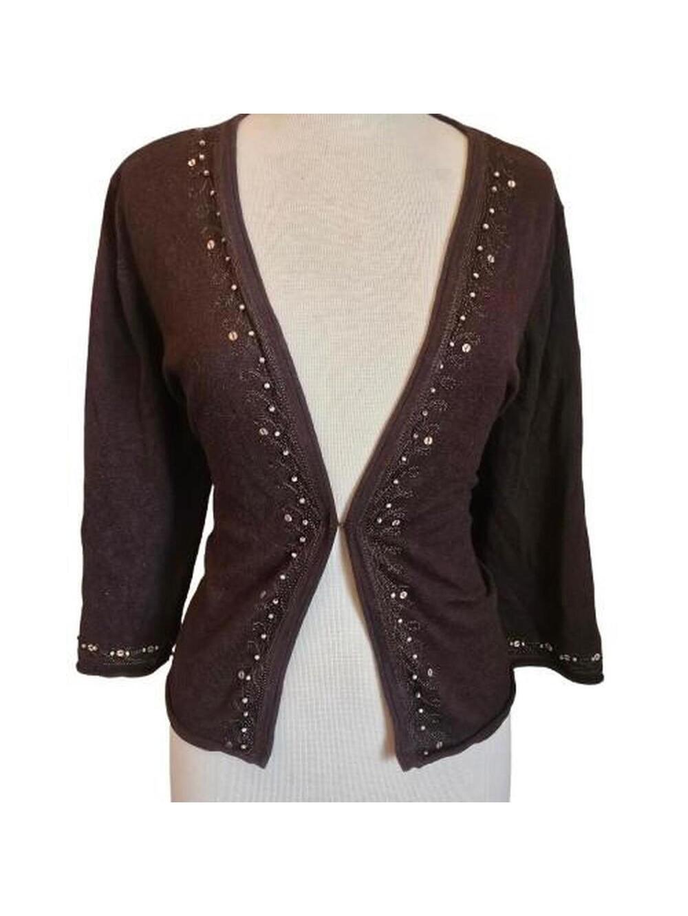 Brown Embroidered & Beaded 3/4 Sleeve Cardigan XL